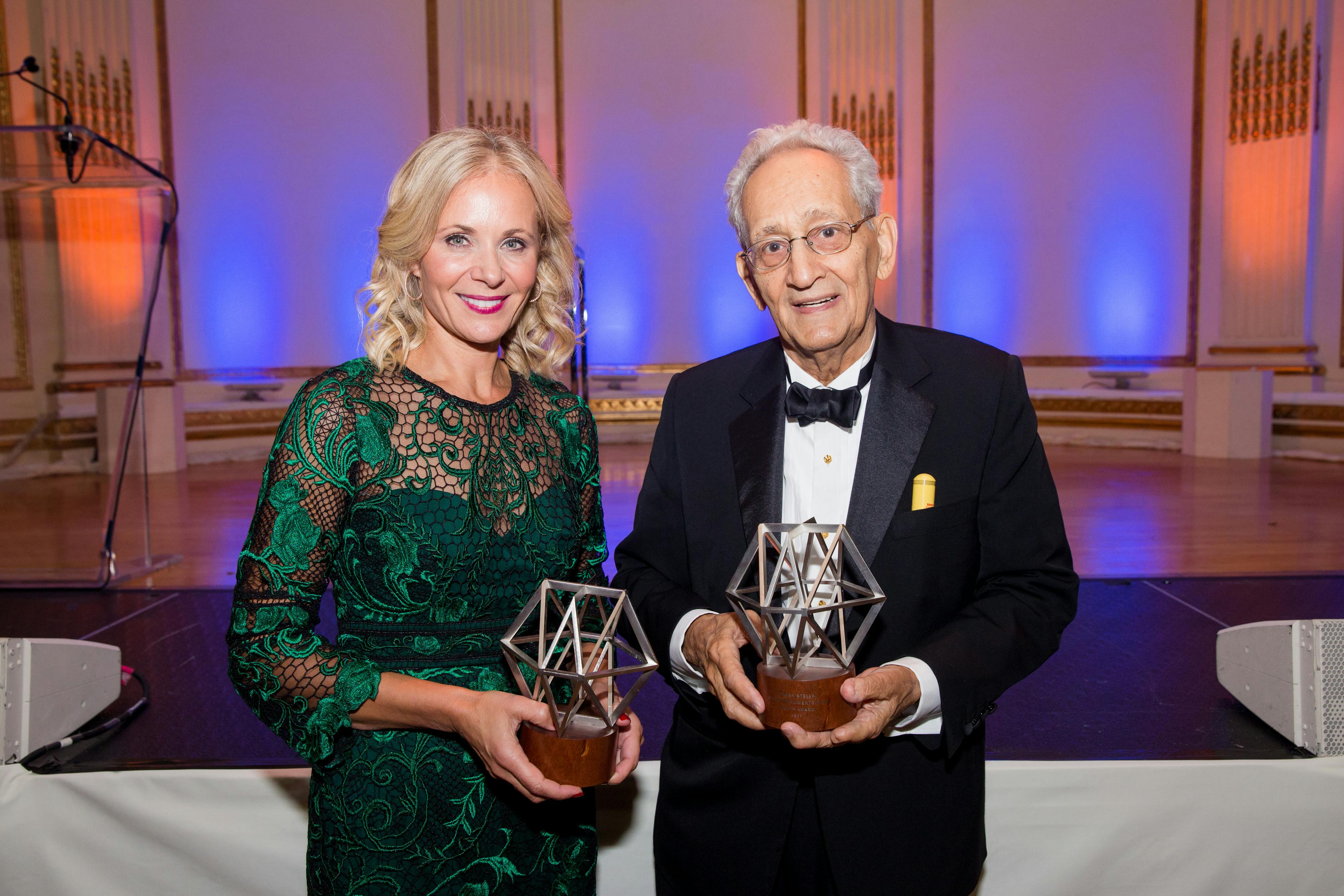 Honorees Deborah Lehr (L, 2017 Hadrian Award) and Frank Stella (2017 Watch Award).