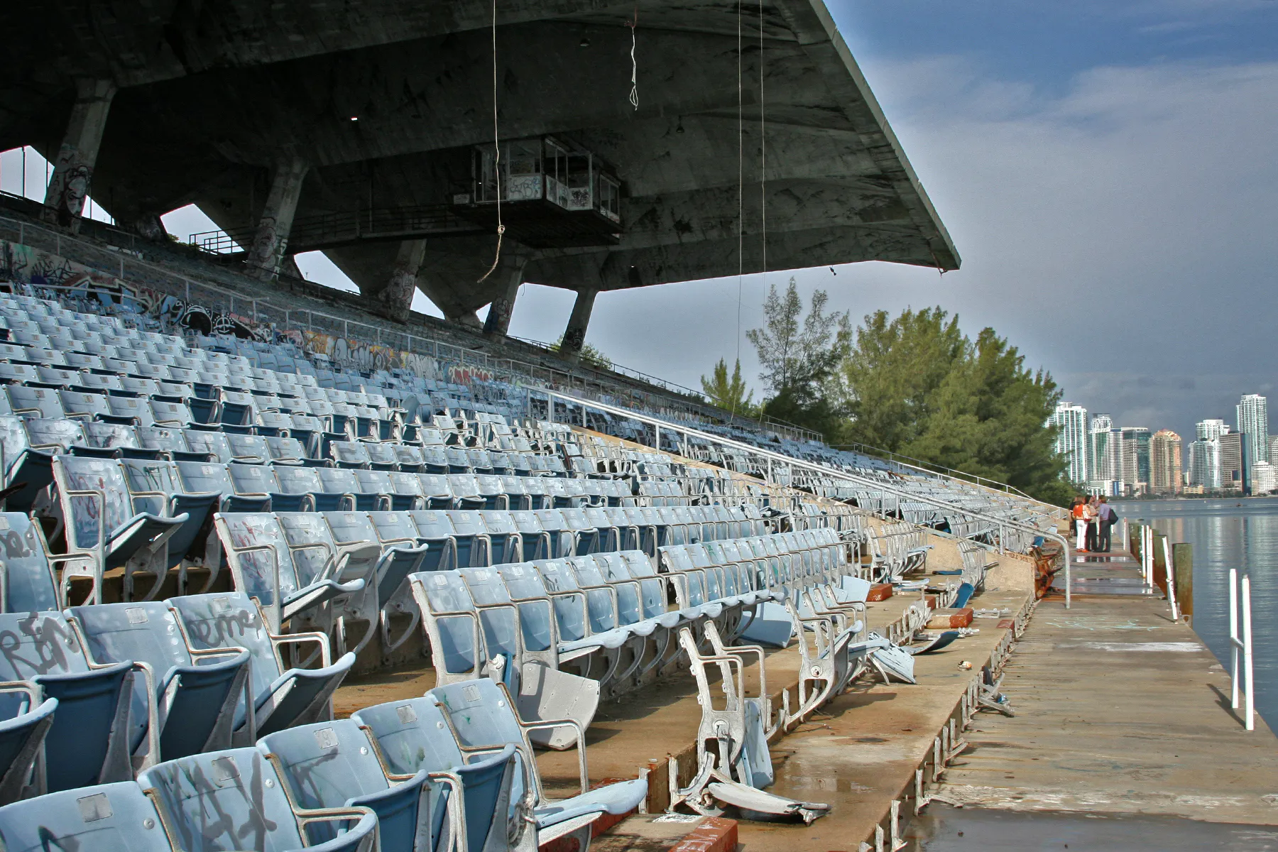 The cantilevered concrete roof and weathered grandstand of Miami Marine Stadium