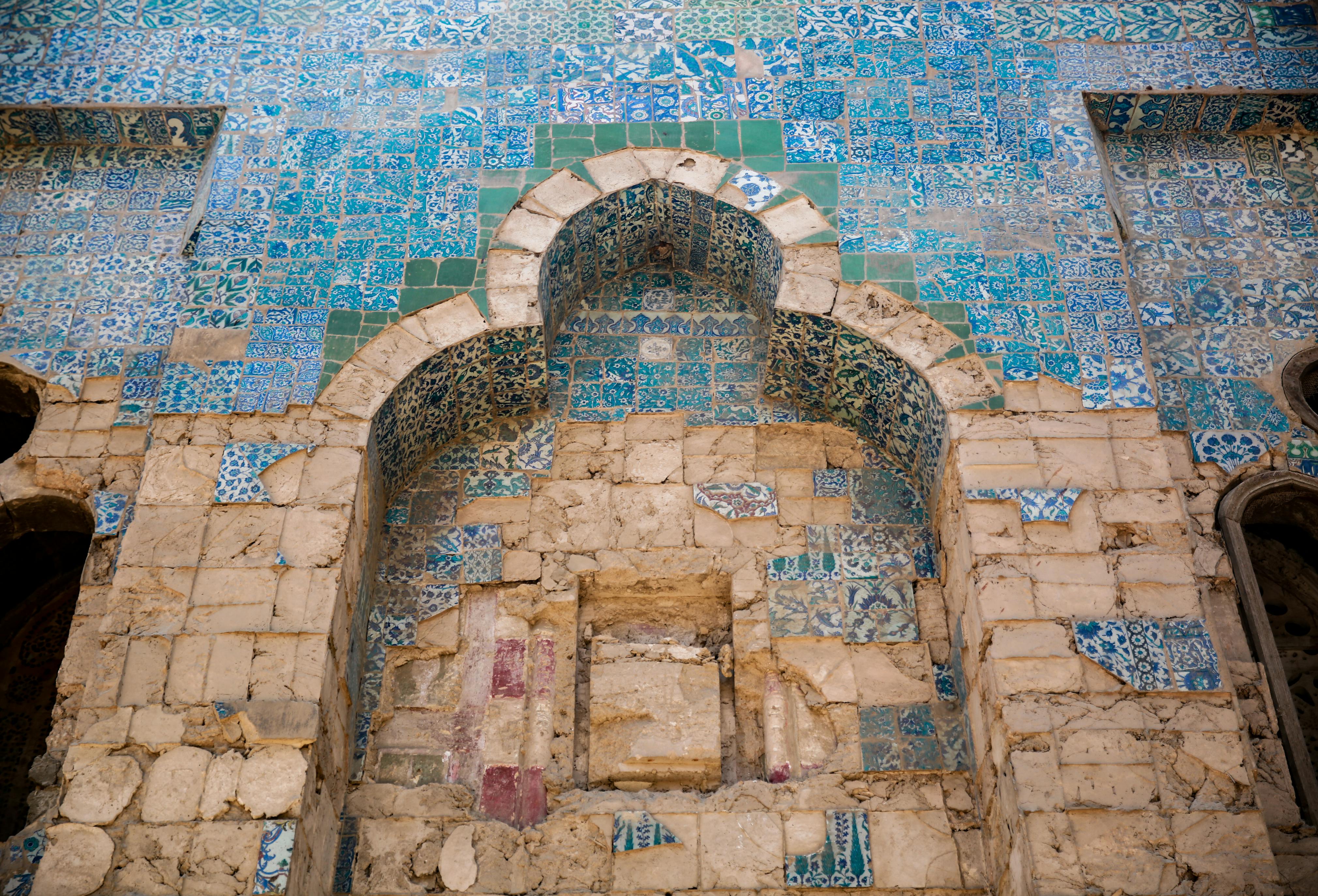 EGY Blue tiles decorate the facade at Takiyyat Ibrahim al-Gulshani, 2019.