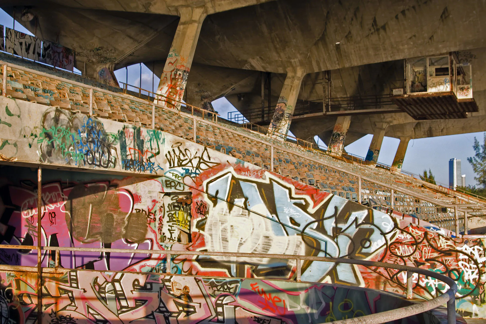 Graffiti-covered surfaces inside Miami Marine Stadium