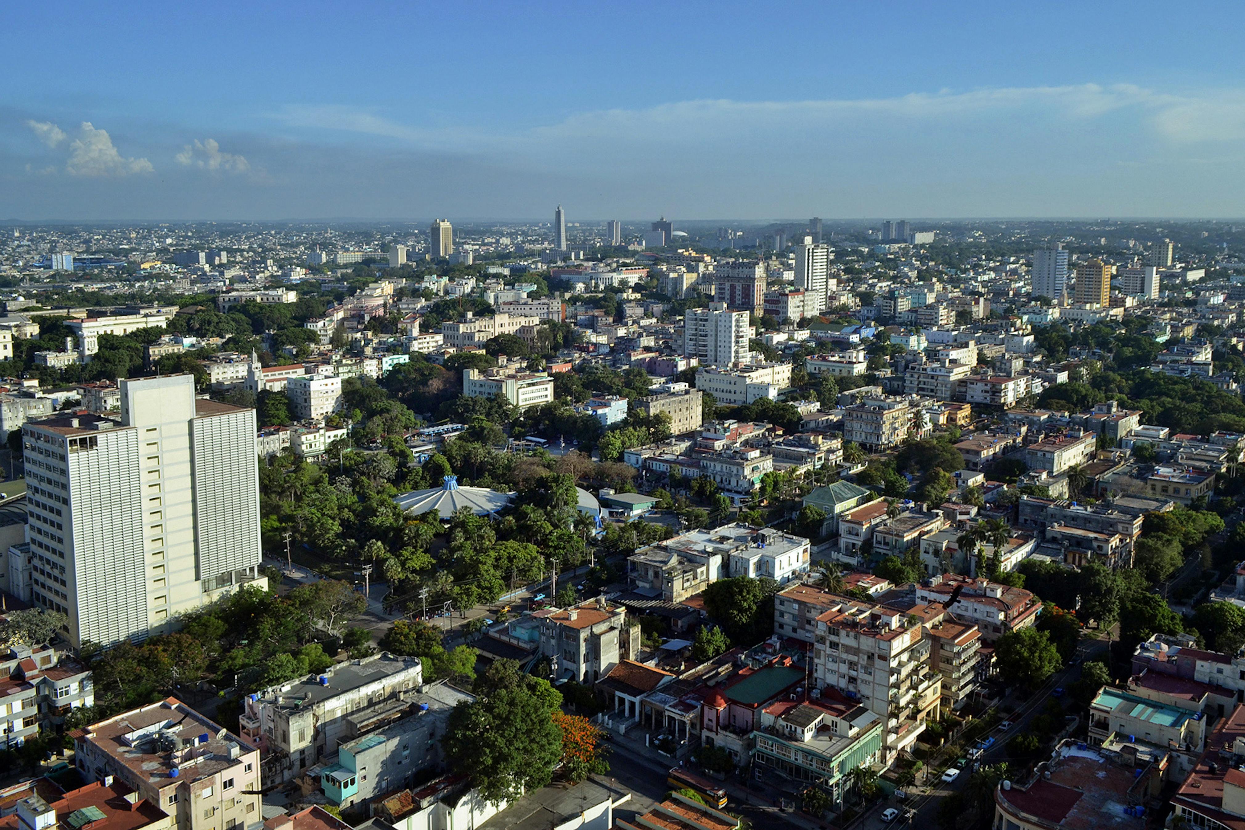 Aerial view of the expanse of the tree-lined grid of El Vedado with its eclectic mix of architectural styles, 2014