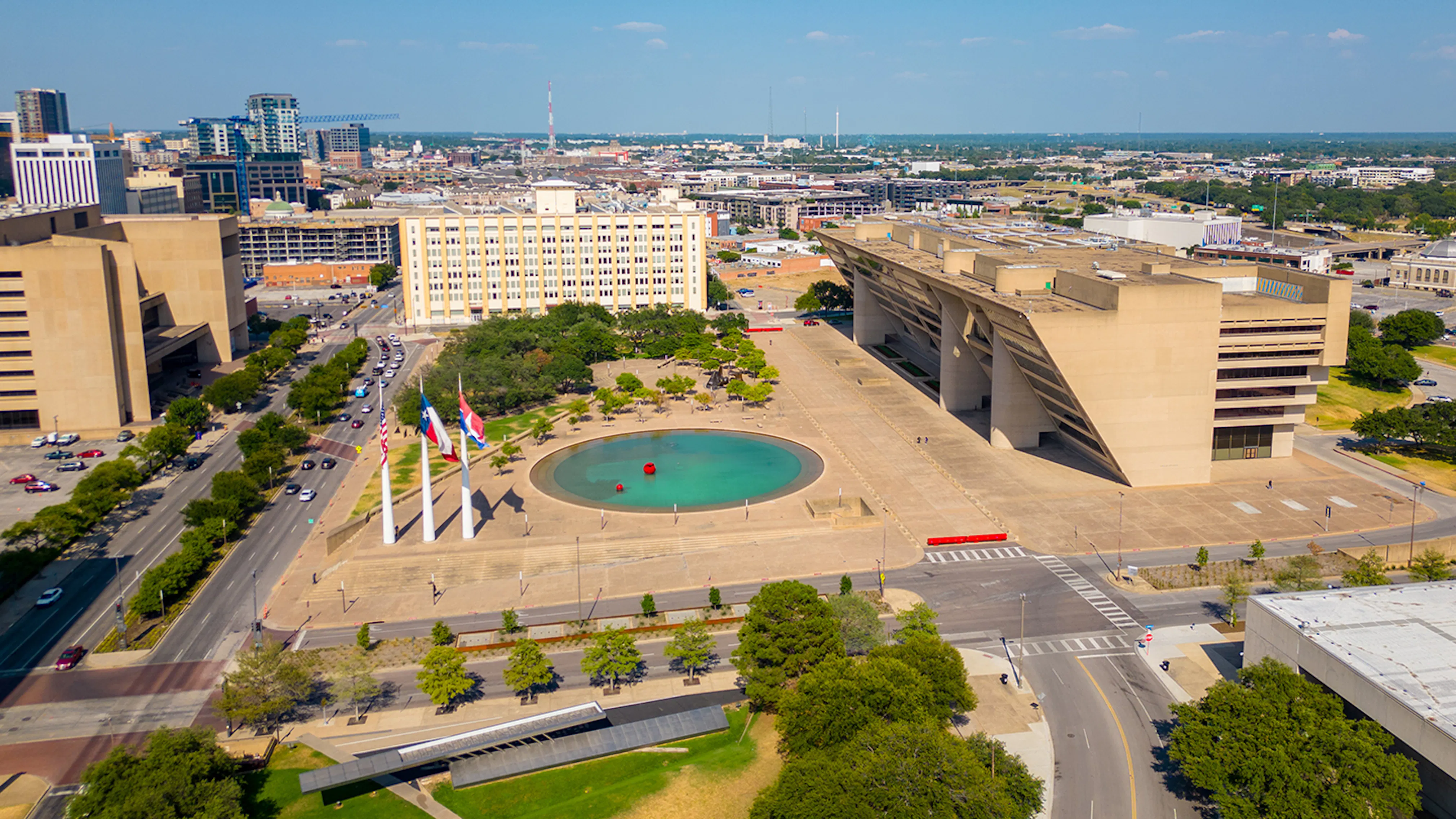 Aerial photo Dallas City Hall and Akard Plaza