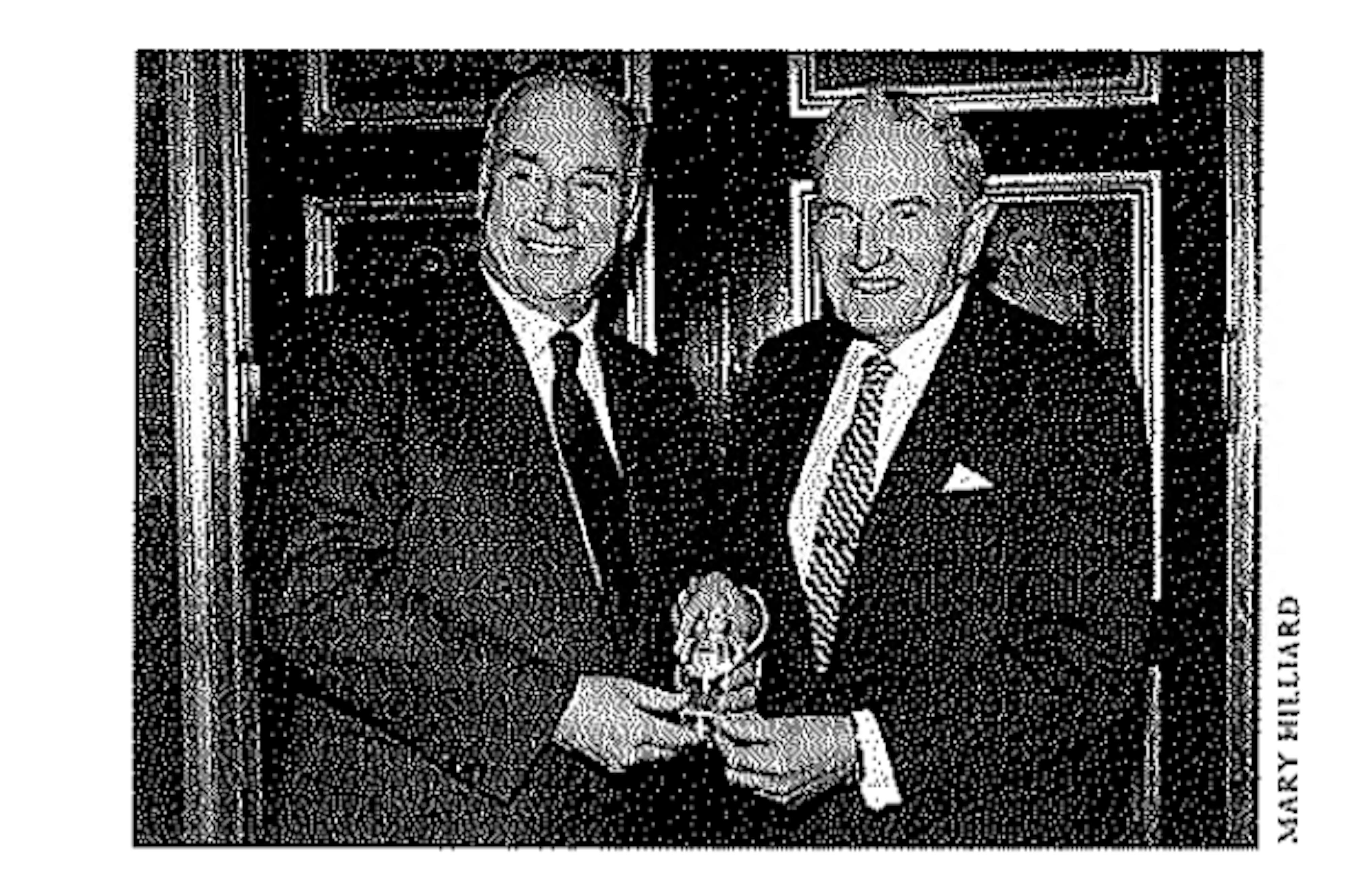 H.H. the Aga Khan (left) receiving the 1996 Hadrian Award from presenter David Rockefeller (right), the 1994 Hadrian Award recipient.