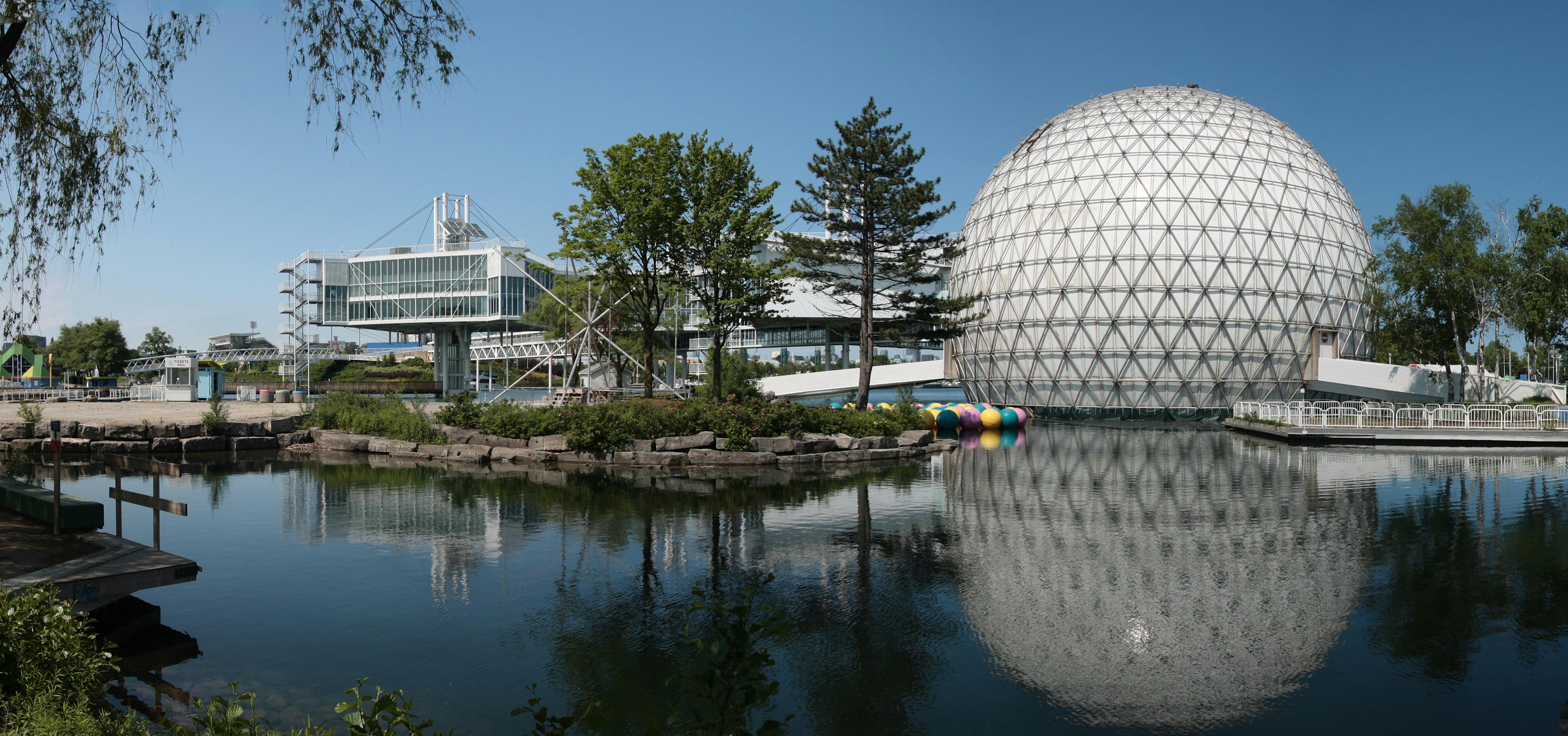 The Ontario Place Cinesphere, Pods, and Lagoon seen from the southwest, 2013.