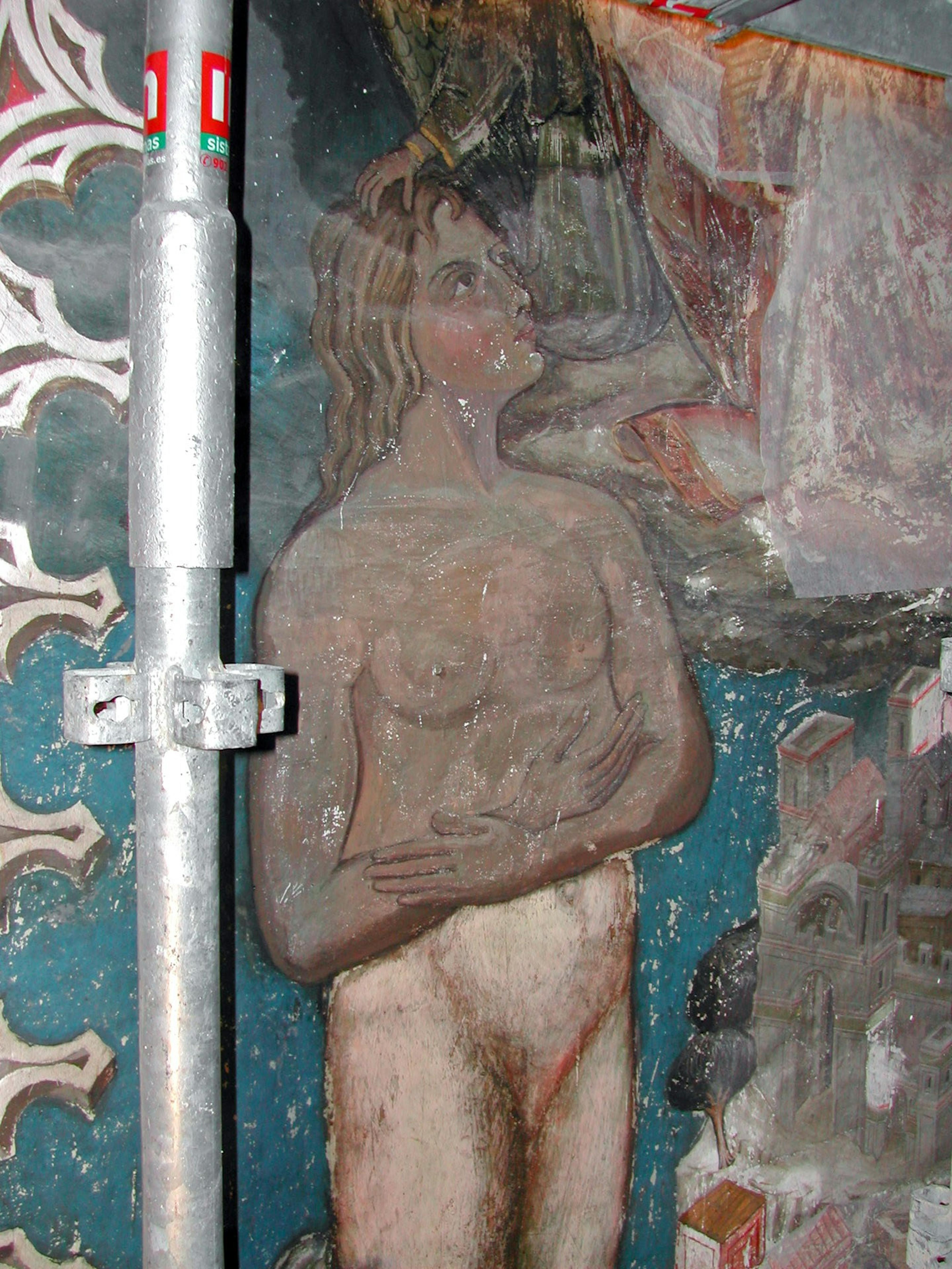 A detail of the murals of San Blás Chapel during conservation, 2004