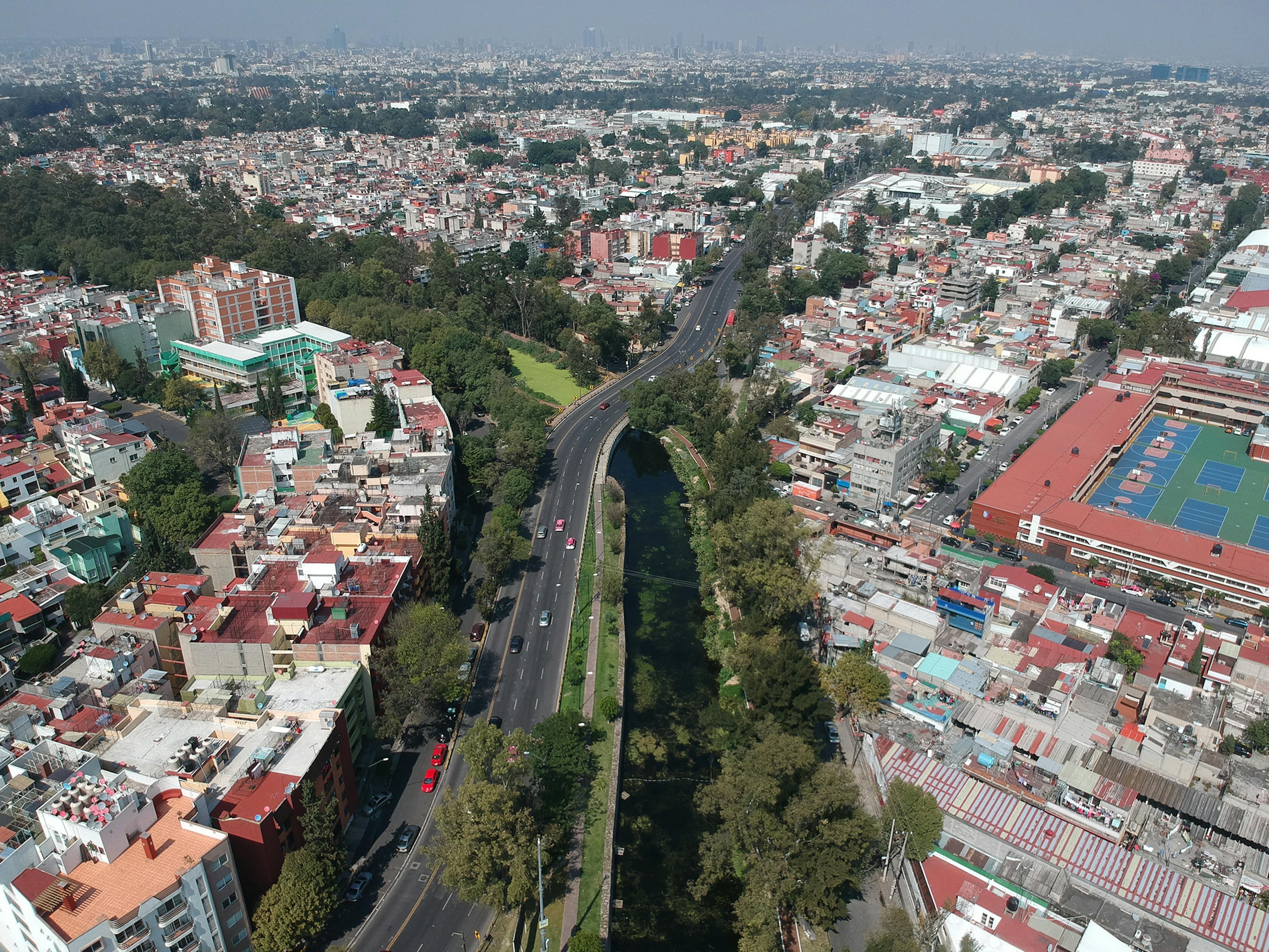 Aerial view of the Canal Nacional towards the center of Mexico City, 2018.