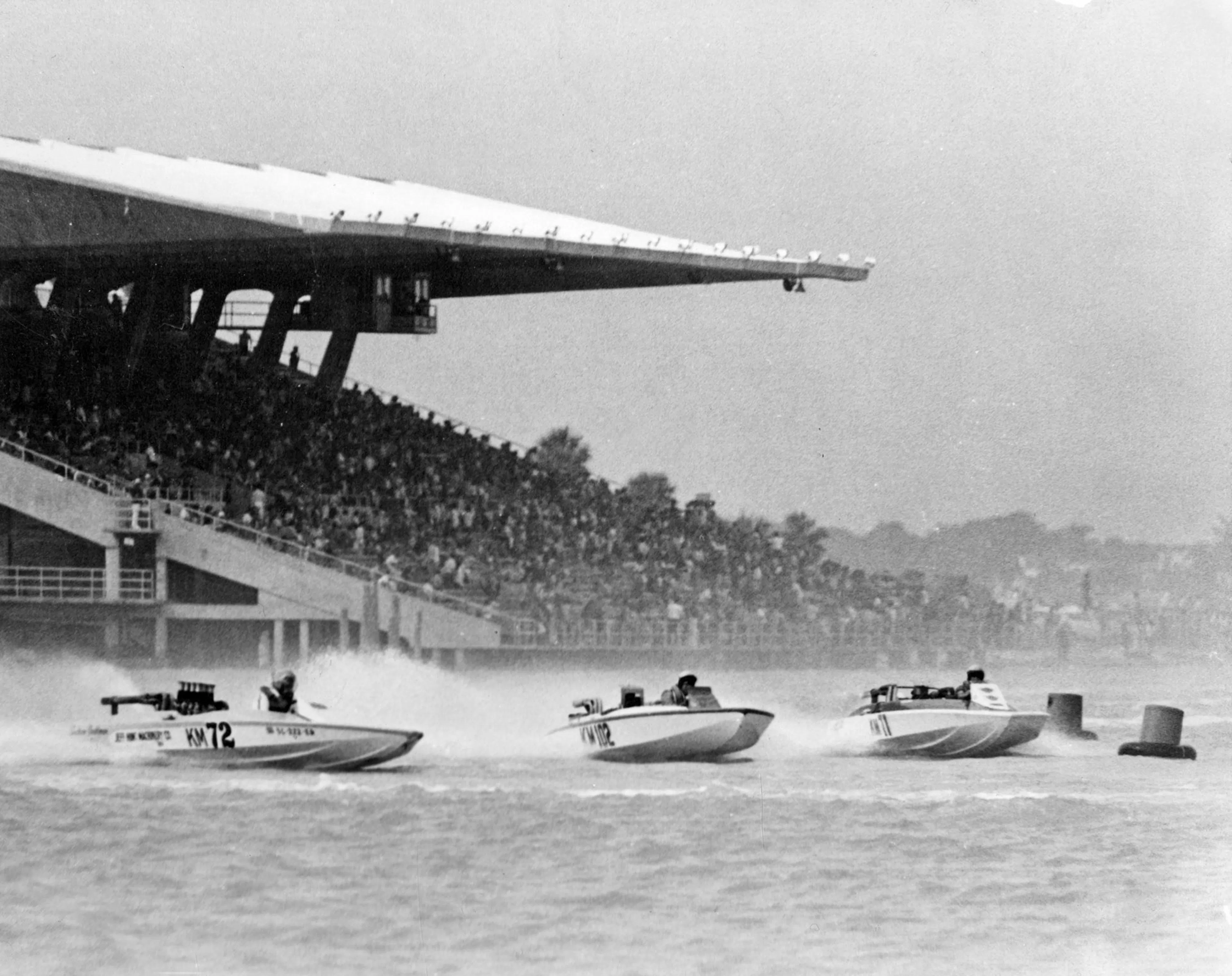 Speedboats racing in the Miami Marine Stadium basin in 1964