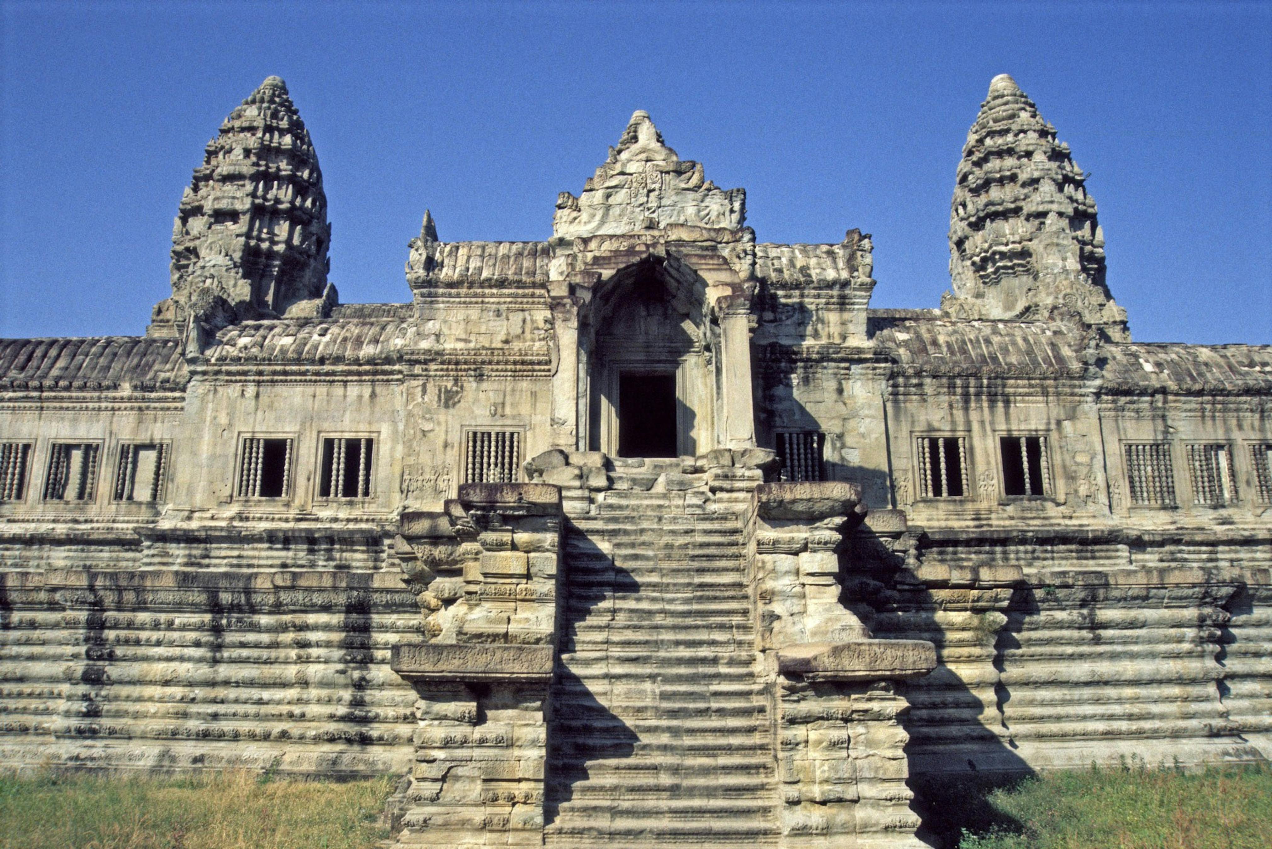 Exterior perspective of the Churning of the Ocean of Milk, a crowning achievement of Khmer artistry, 1996