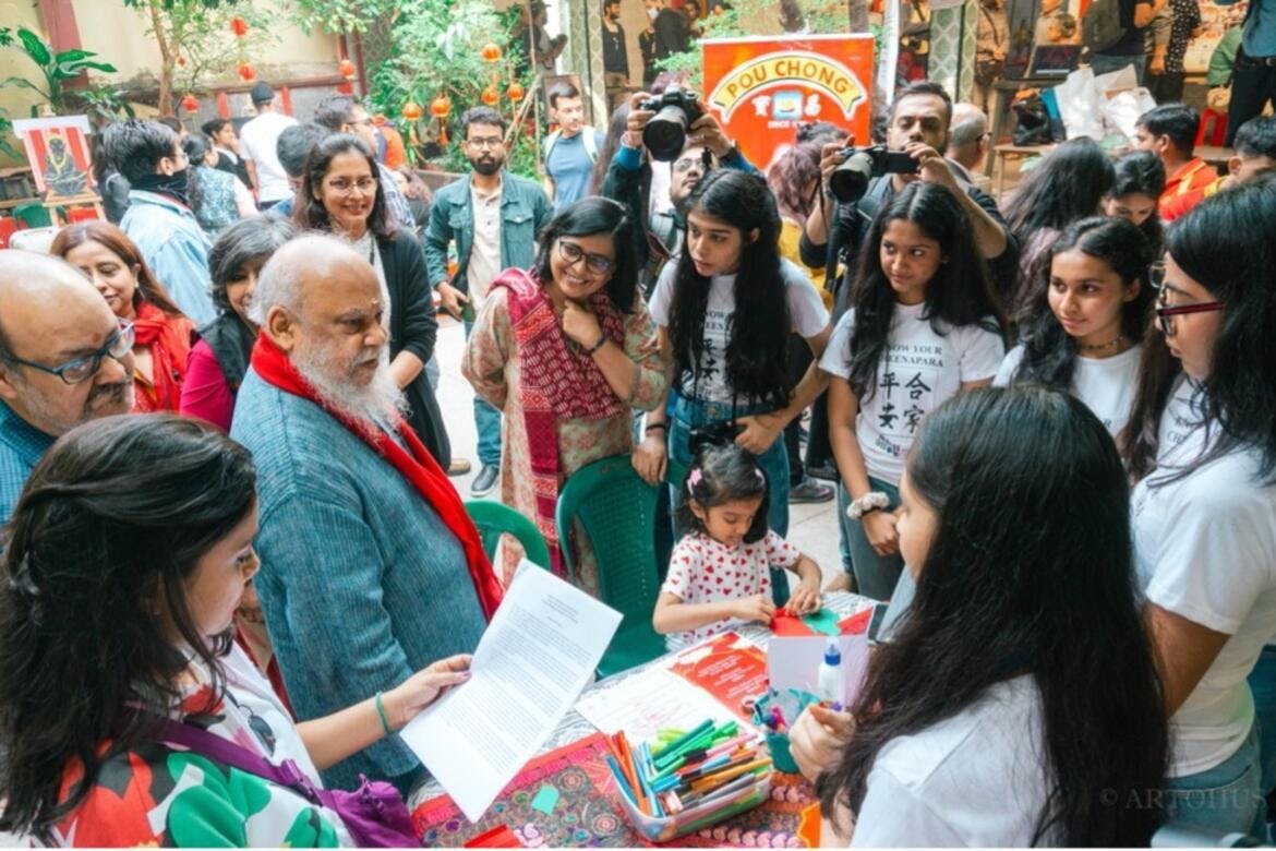 Students share research on the history of Kolkata's Chinese community as part of the Tiretta Bazaar Watch Day celebrations.